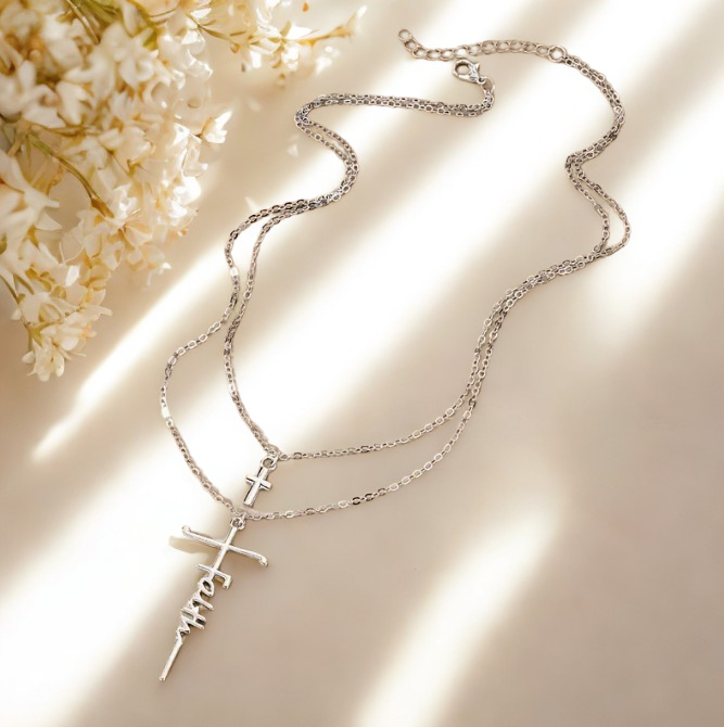 Anchored in Faith Double Chain Necklace with FAITH & Cross Pendant