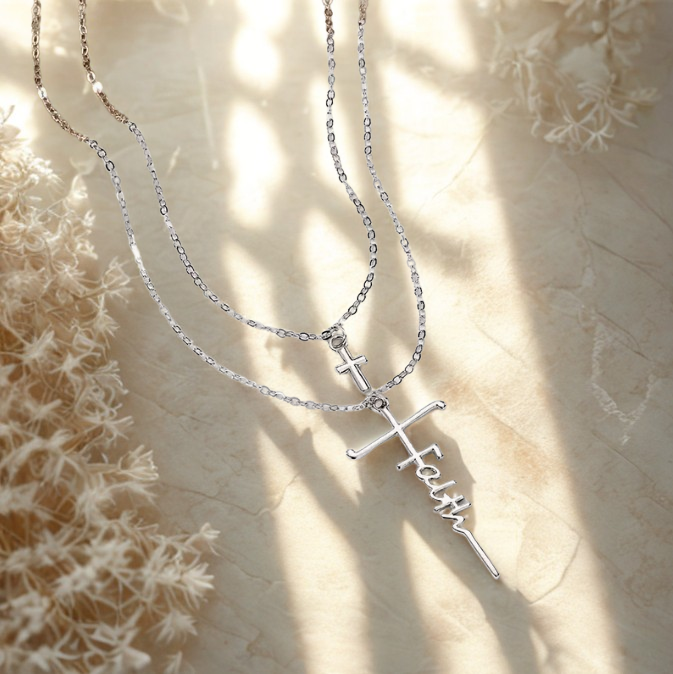 Anchored in Faith Double Chain Necklace with FAITH & Cross Pendant