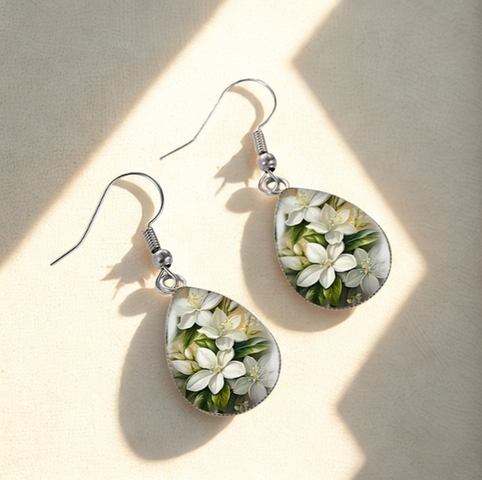 Pure Devotion White Jasmine Tear Drop Glass Dome Earrings
