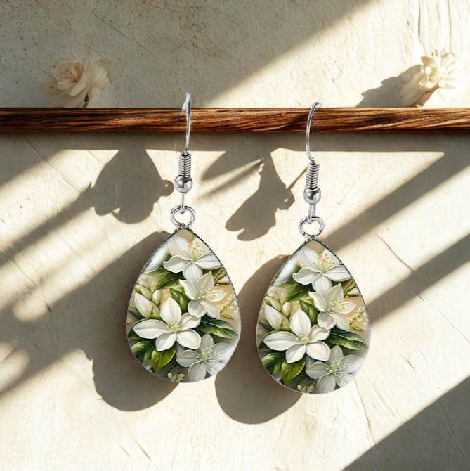 Pure Devotion White Jasmine Tear Drop Glass Dome Earrings