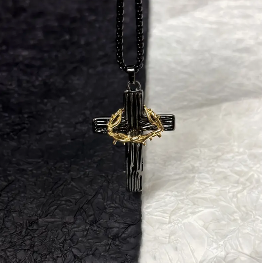 Crowned in Sacrifice Black & Gold Thorn Cross Pendant Necklace