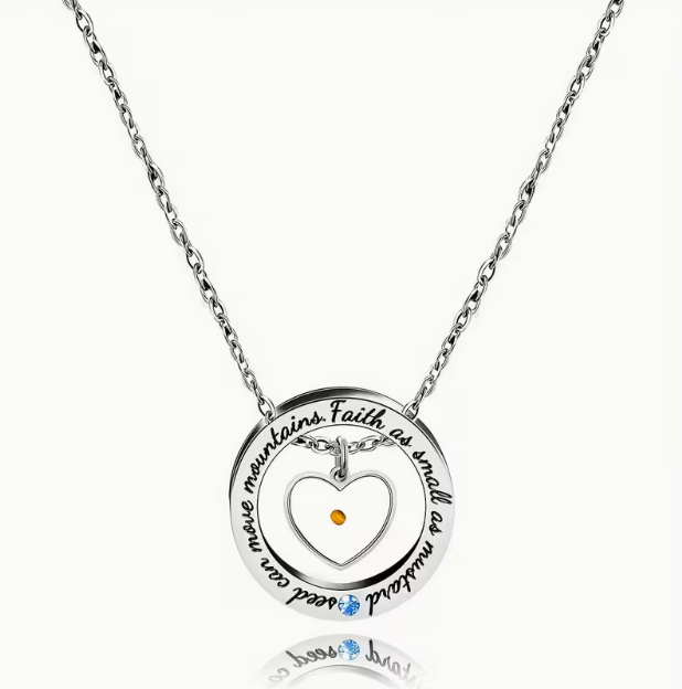 Faith Like a Mustard Seed Engraved Bar & Heart Pendant Necklace