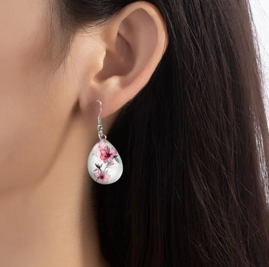 Blossoms of Grace Pink Flower Tear Drop Glass Dome Earrings