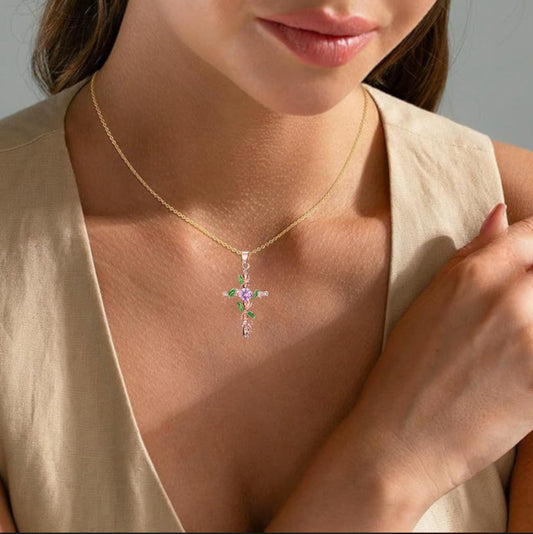 Rose of Sharon Cross with Leaf & Purple Floral Accents Pendant Necklace