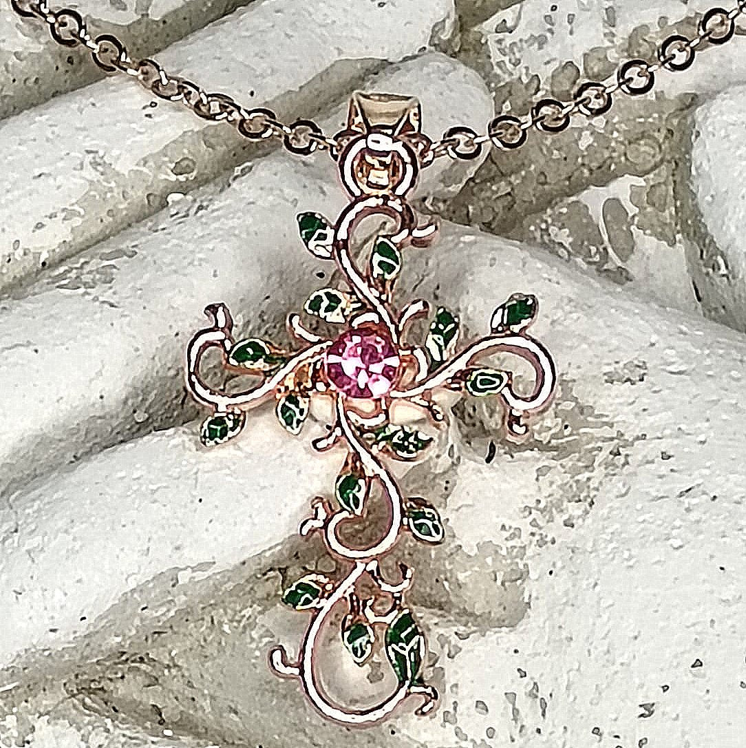 Rose of Sharon Cross with Leaf & Purple Floral Accents Pendant Necklace