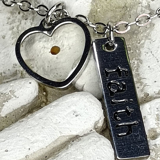 Faith Like a Mustard Seed Engraved Bar & Heart Pendant Necklace