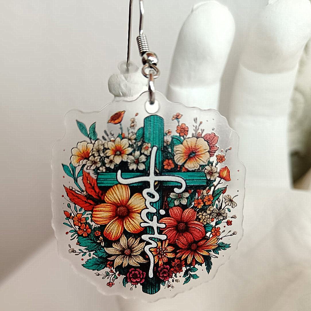 God’s Garden Colorful Flower Faith Cross Earrings