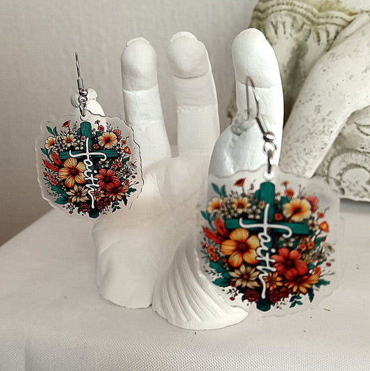 God’s Garden Colorful Flower Faith Cross Earrings