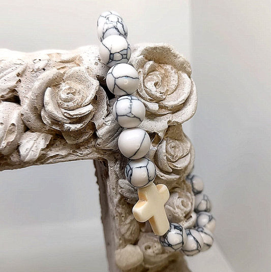 Balanced in Grace Black & White Stone Beaded Cross Bracelet