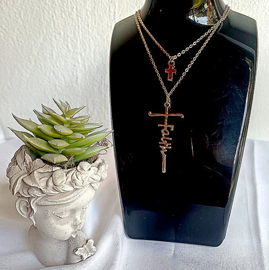 Anchored in Faith Double Chain Necklace with FAITH & Cross Pendant