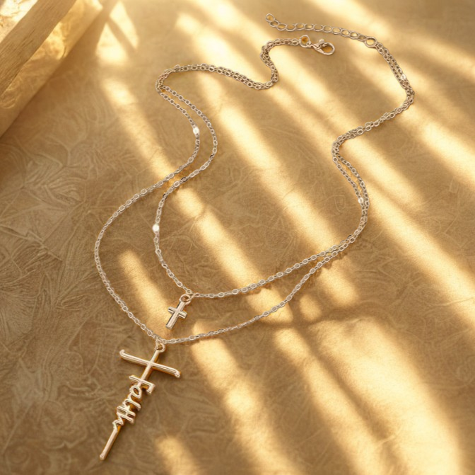 Anchored in Faith Double Chain Necklace with FAITH & Cross Pendant