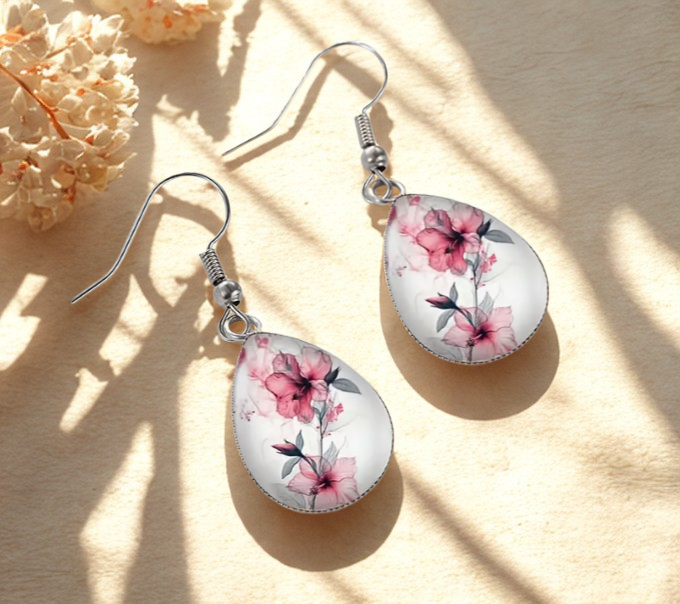 Blossoms of Grace Pink Flower Tear Drop Glass Dome Earrings