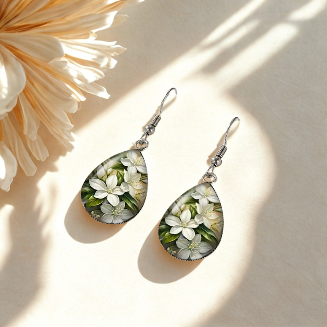 Pure Devotion White Jasmine Tear Drop Glass Dome Earrings