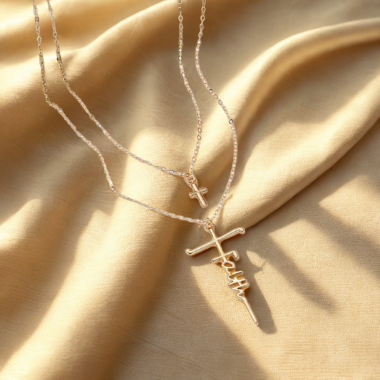 Anchored in Faith Double Chain Necklace with FAITH & Cross Pendant