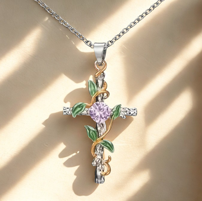 Rose of Sharon Cross with Leaf & Purple Floral Accents Pendant Necklace