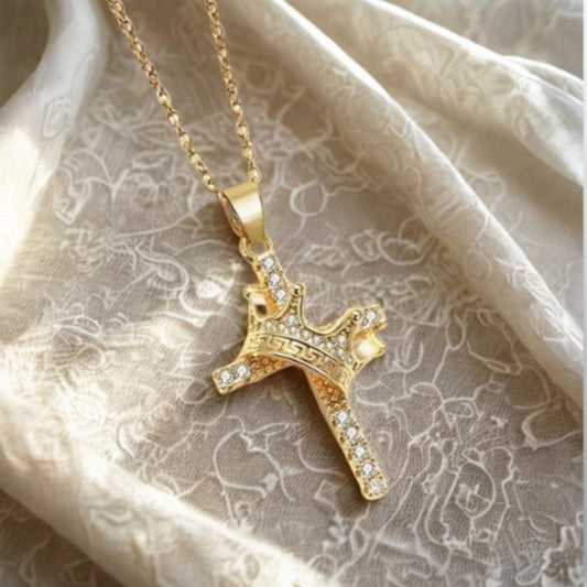Crowned by God in Gold Elegance Crown Cross Pendant Necklace
