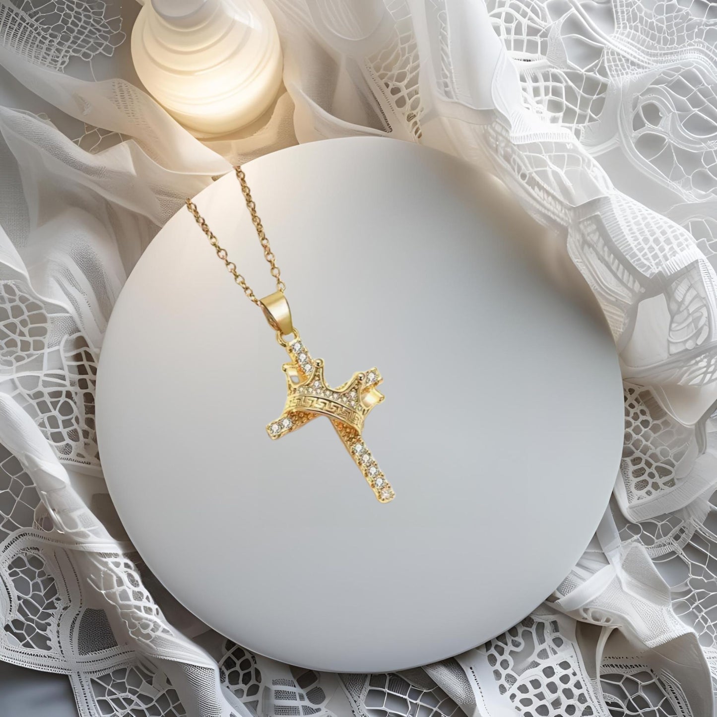 Crowned by God in Gold Elegance Crown Cross Pendant Necklace