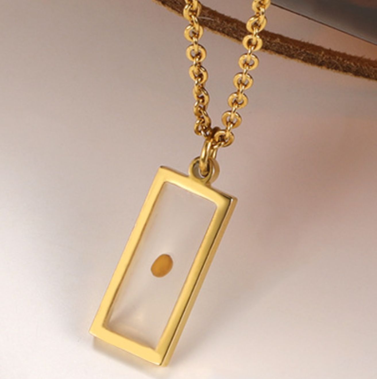 Vintage Real Mustard Seed Rectangle Pendant in Gold
