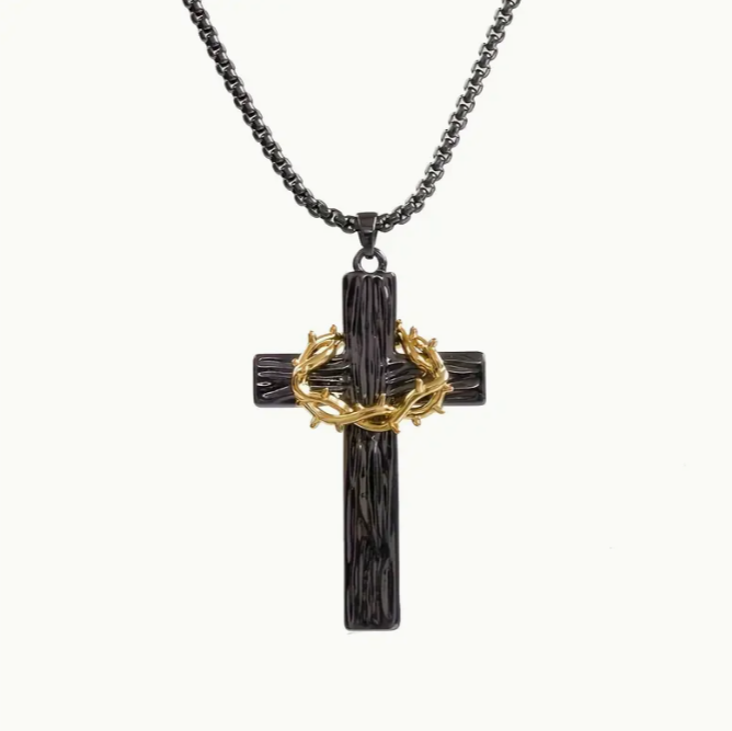 Crowned in Sacrifice Black & Gold Thorn Cross Pendant Necklace