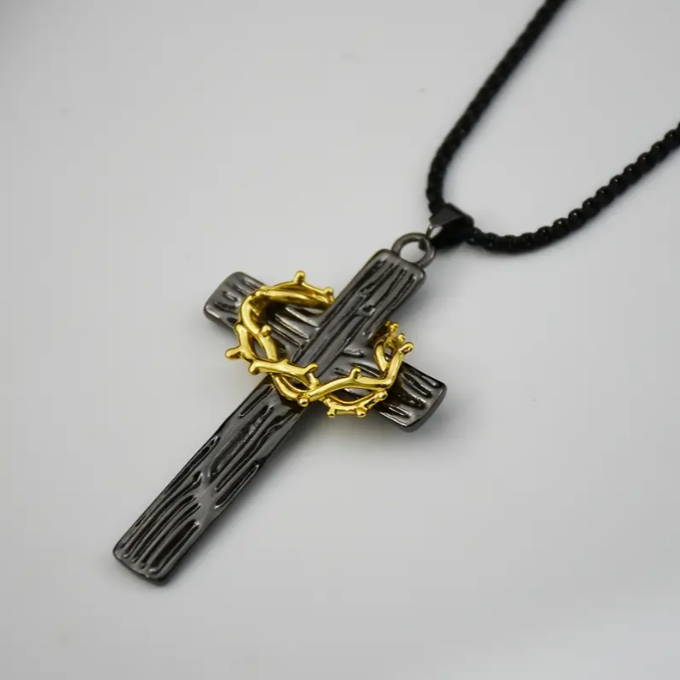 Crowned in Sacrifice Black & Gold Thorn Cross Pendant Necklace