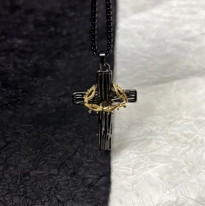 Crowned in Sacrifice Black & Gold Thorn Cross Pendant Necklace