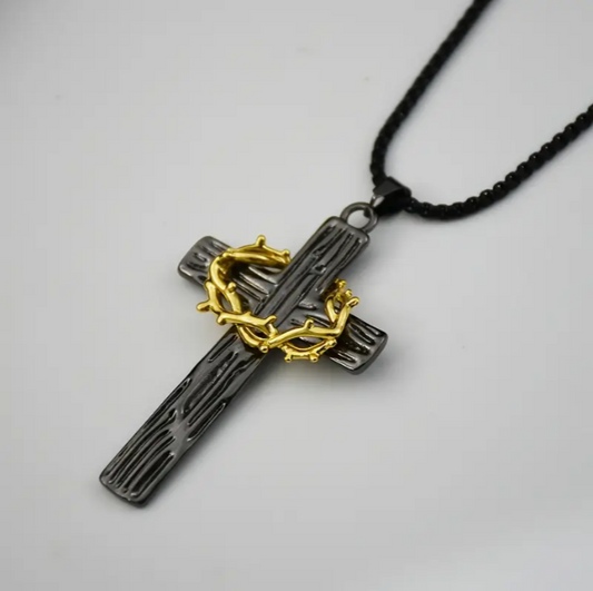 Crowned in Sacrifice Black & Gold Thorn Cross Pendant Necklace