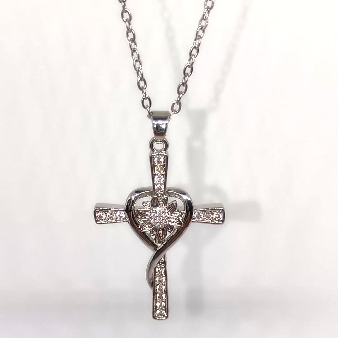 Eternal Bloom Cross, Heart & Flower Pendant Necklace