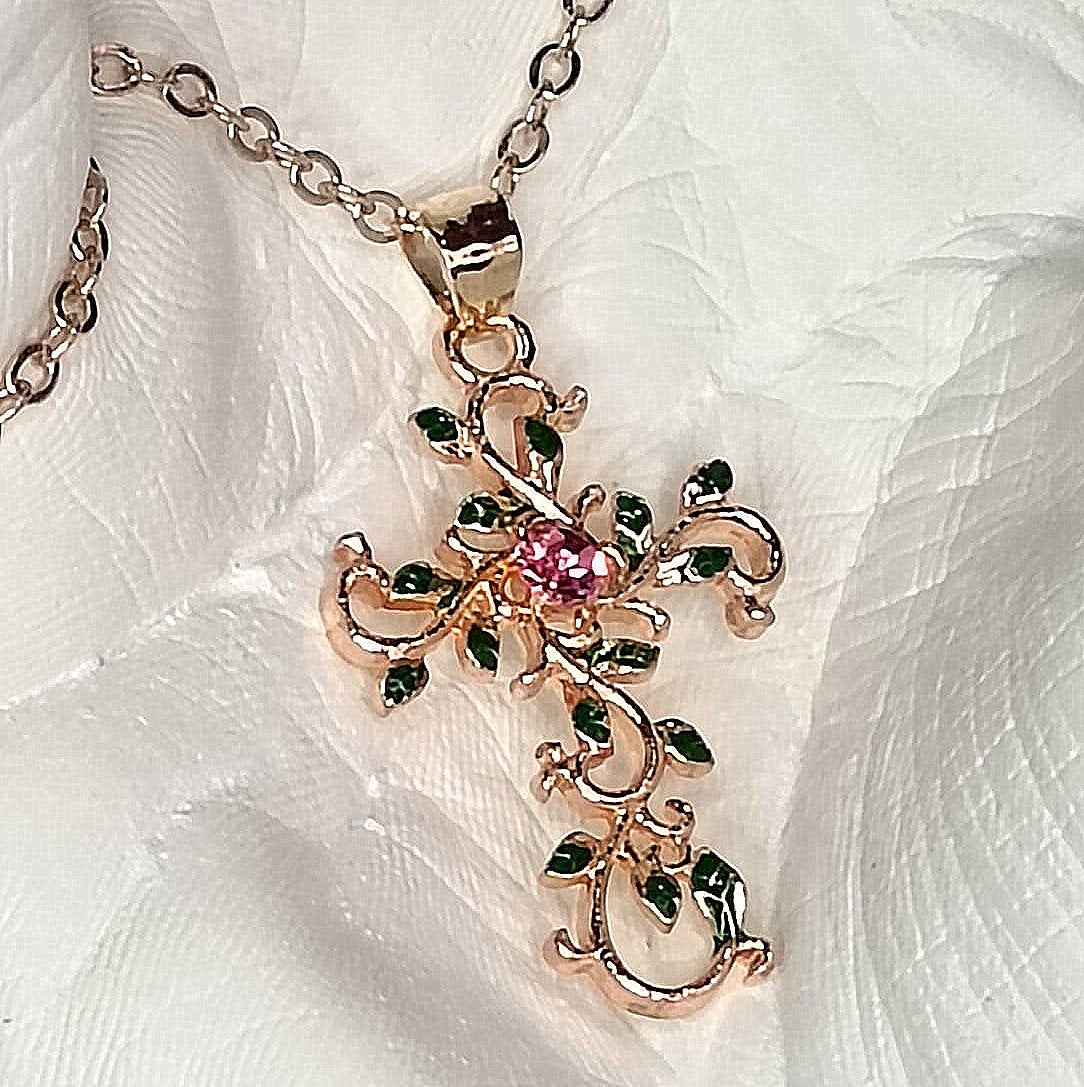 Rose of Sharon Cross with Leaf & Purple Floral Accents Pendant Necklace