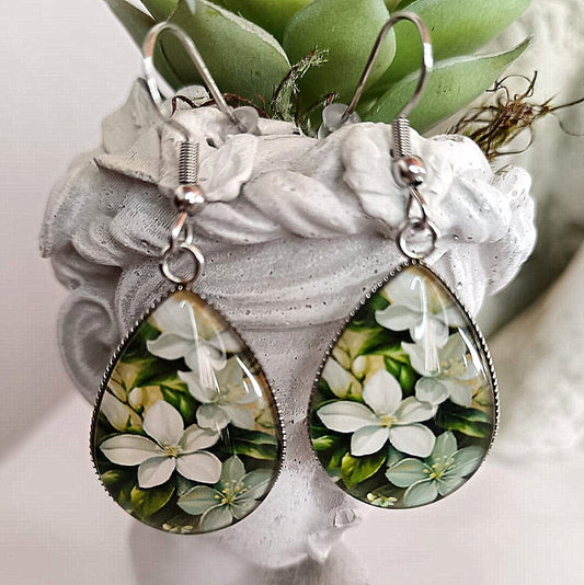 Pure Devotion White Jasmine Tear Drop Glass Dome Earrings