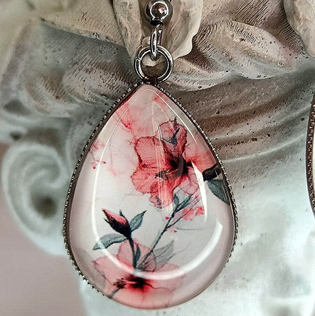 Blossoms of Grace Pink Flower Tear Drop Glass Dome Earrings