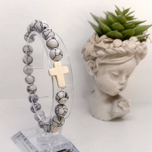 Balanced in Grace Black & White Stone Beaded Cross Bracelet