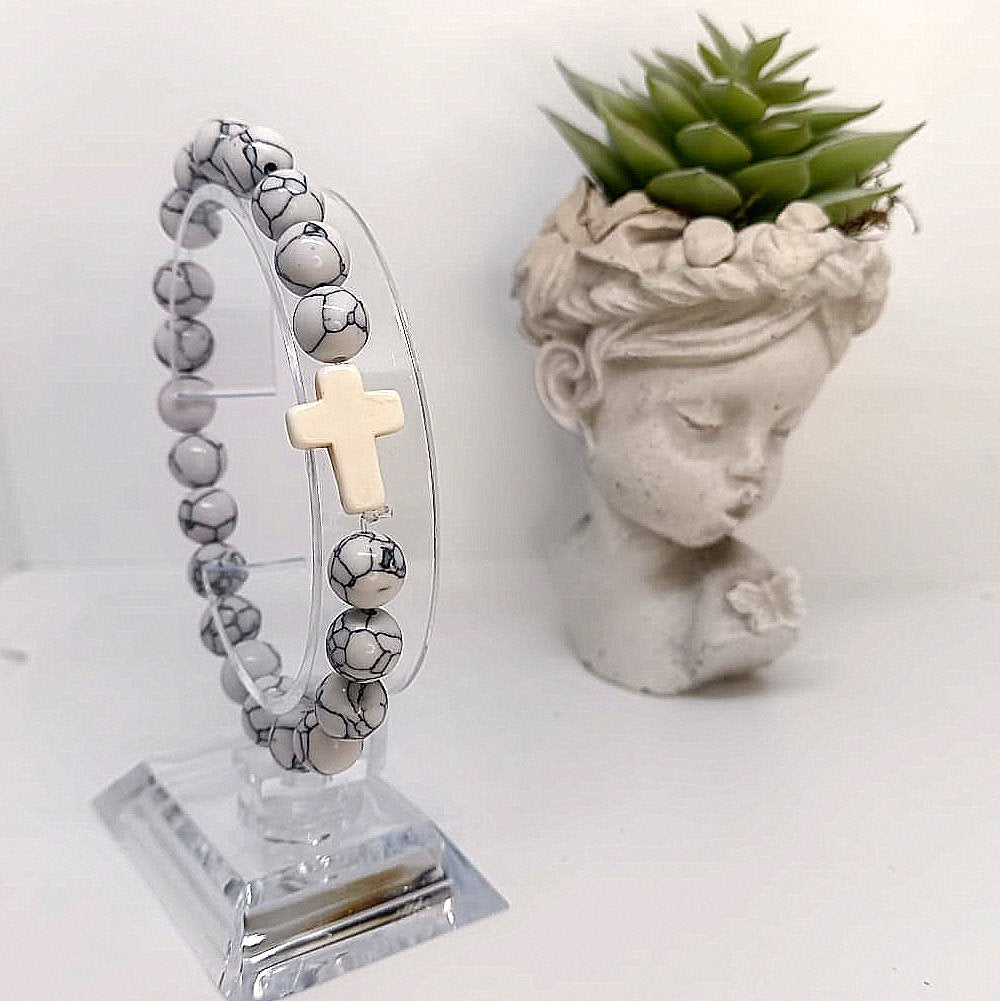 Balanced in Grace Black & White Stone Beaded Cross Bracelet