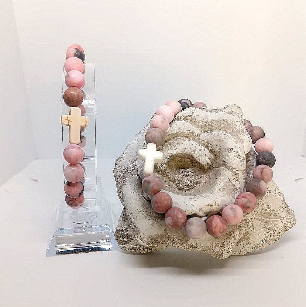 Rose of Grace Natural Stone Cross Bracelet
