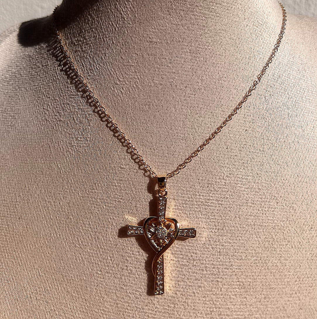 Eternal Bloom Cross, Heart & Flower Pendant Necklace