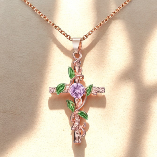 Rose of Sharon Cross with Leaf & Purple Floral Accents Pendant Necklace