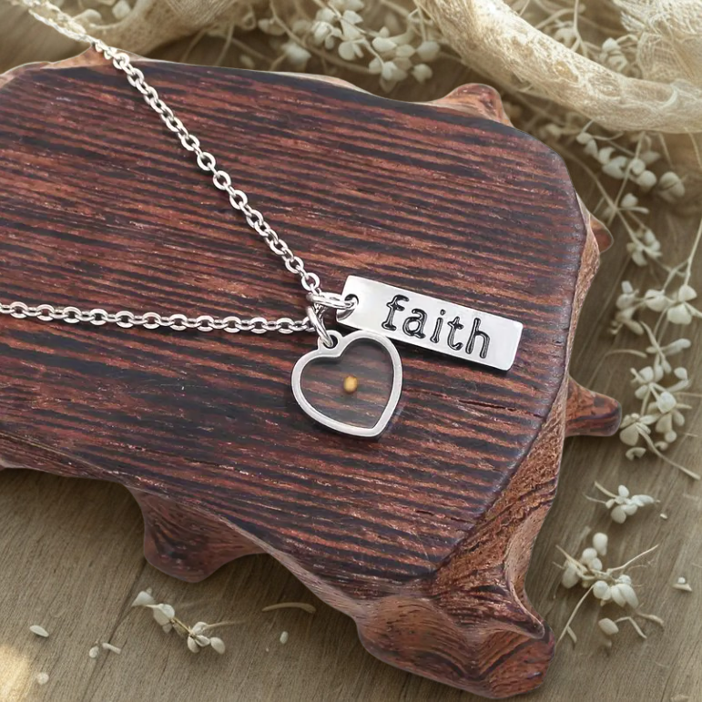 Faith Like a Mustard Seed Engraved Bar & Heart Pendant Necklace
