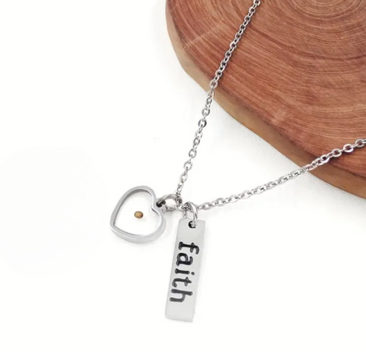 Faith Like a Mustard Seed Engraved Bar & Heart Pendant Necklace